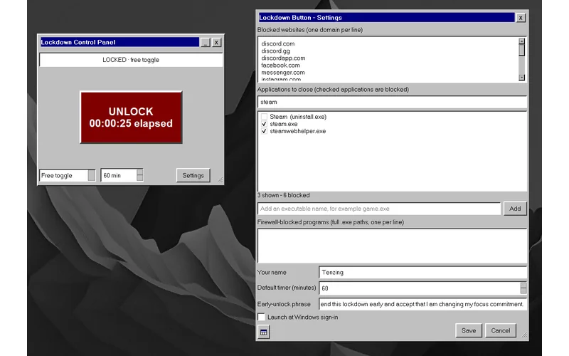 Lockdown Button’s Windows interface with free and timed focus modes