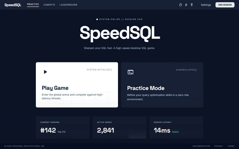 SpeedSQL game with a SQL question, table schema, and query editor