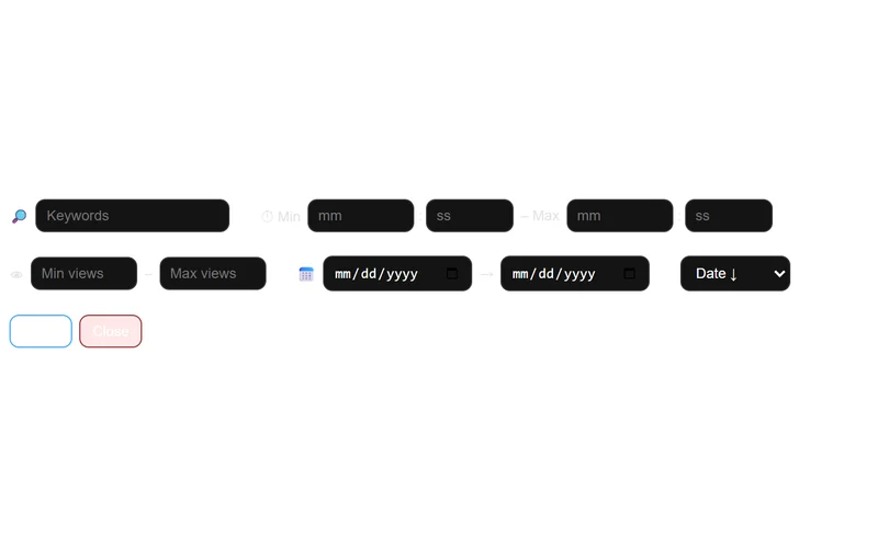 The extension’s filter toolbar with keyword, duration, view count, date, and sorting controls